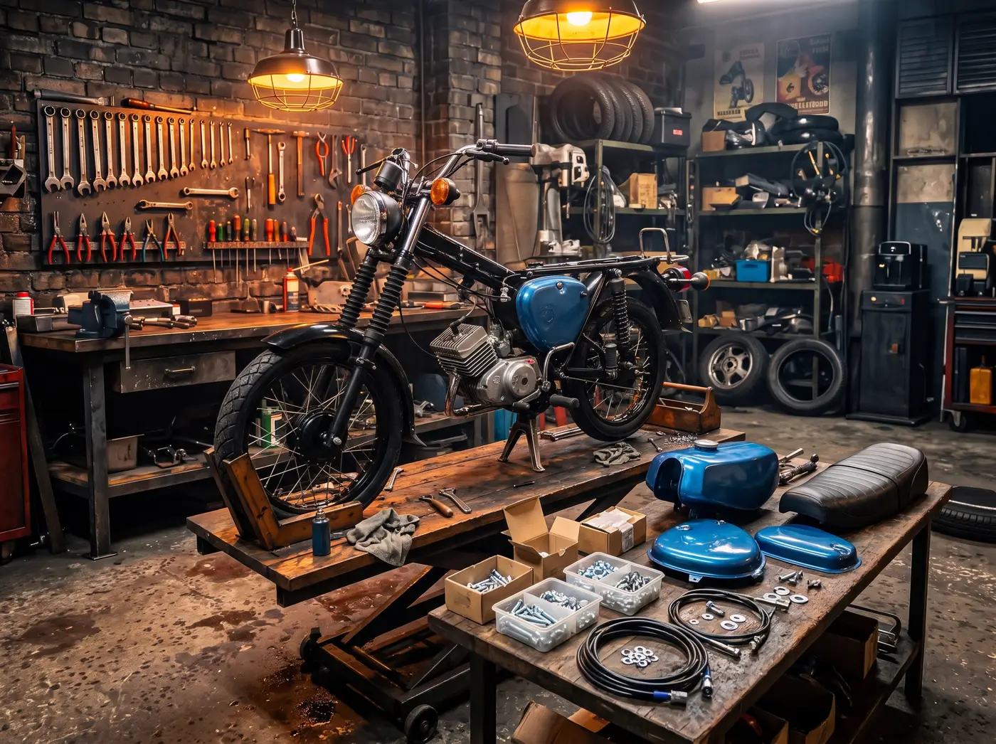 Simson S51 halb aufgebaut auf der Hebebühne, daneben lackierter Tank, Seitendeckel, Sitzbank und neue Kleinteile