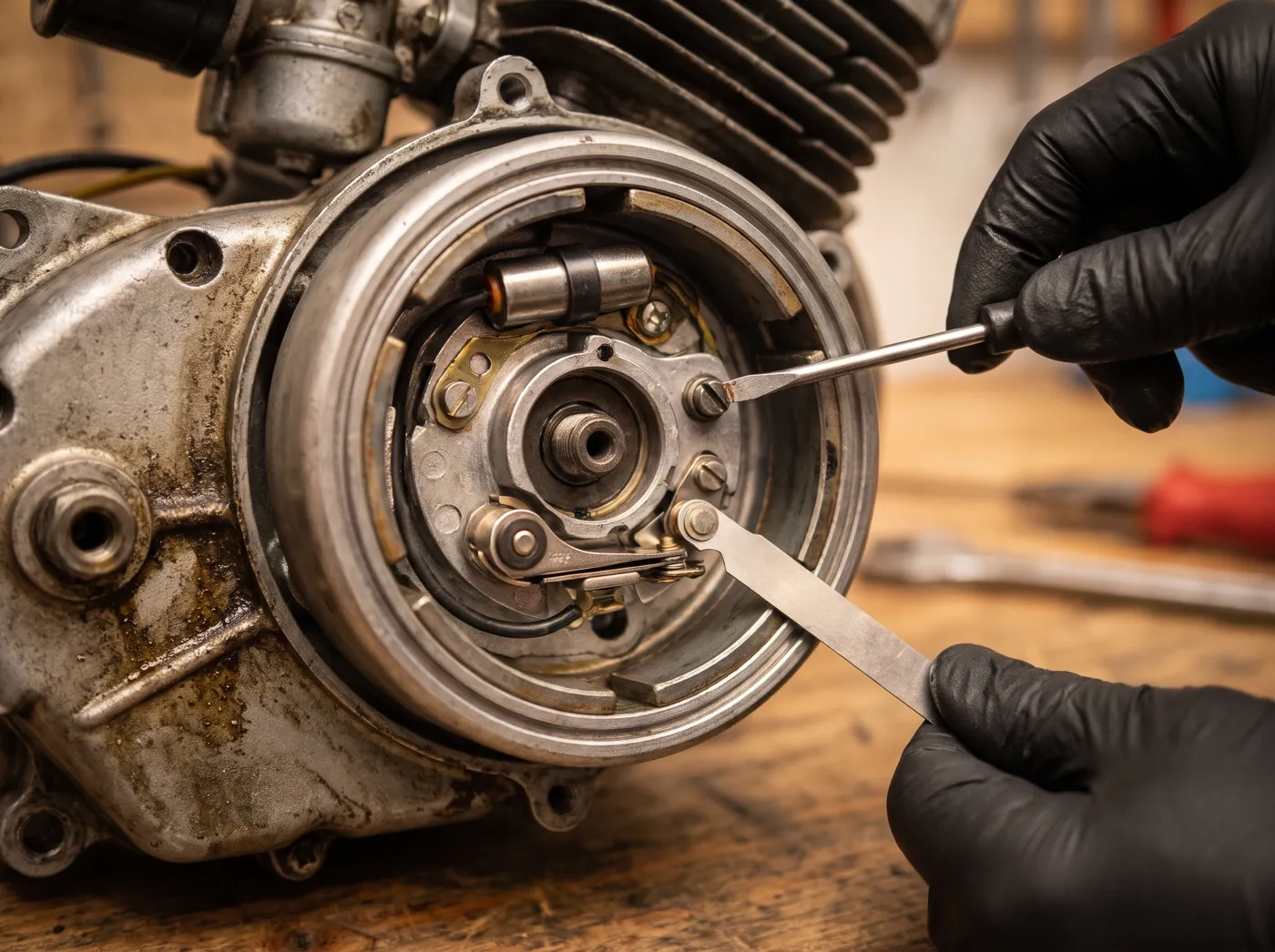 Zünduhr im Zündkerzengewinde eines Simson-Motors, Polrad mit Markierung und Prüflampe am Unterbrecherkabel